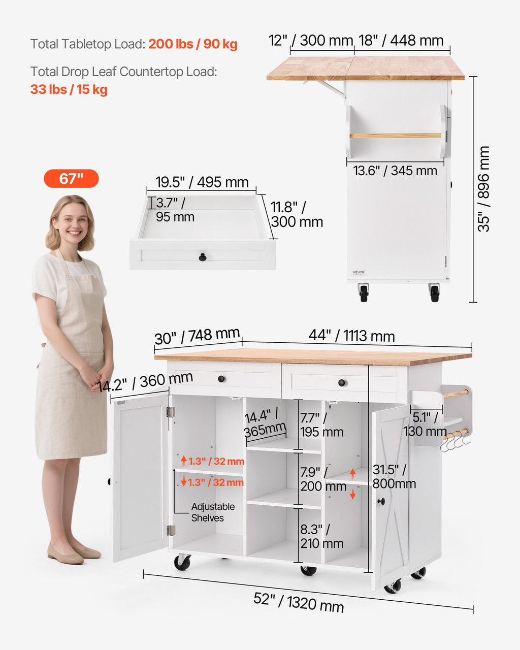 Virtuvės sala VEVOR SR247330, 132 cm pločio
