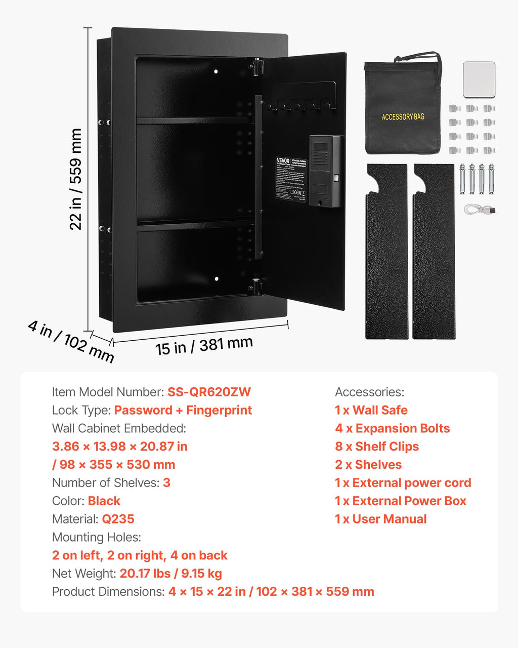 Sieninis seifas VEVOR SS-QR620ZW, su biometrine spyna