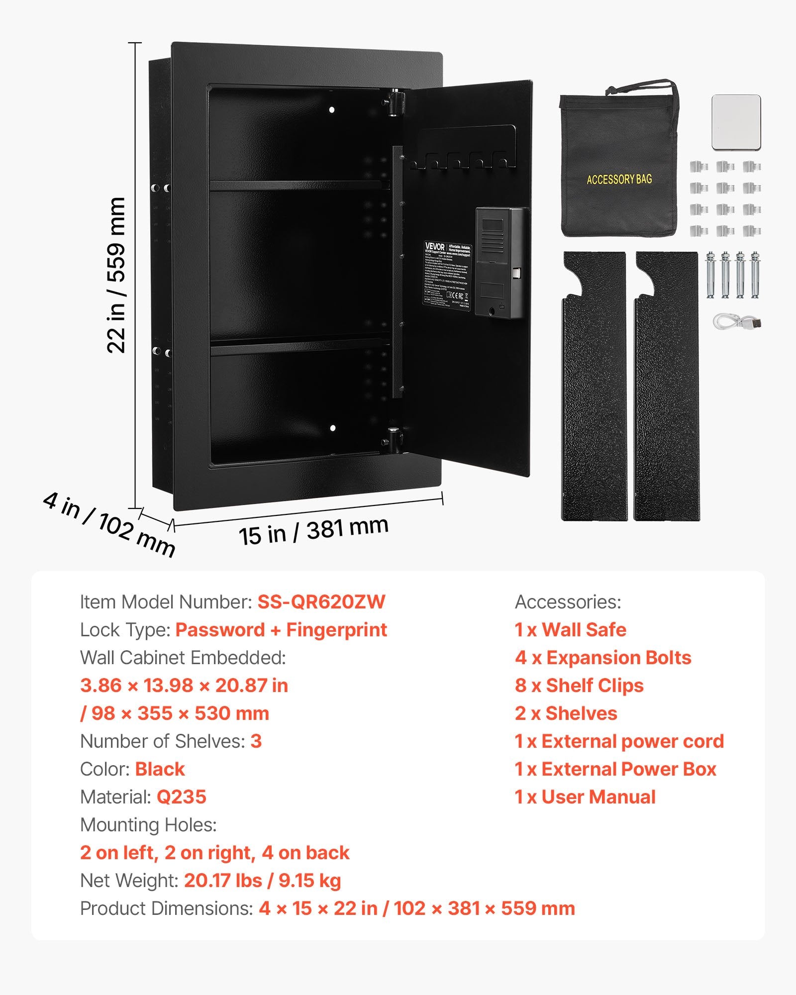 Sieninis seifas VEVOR SS-QR620ZW, su biometrine spyna