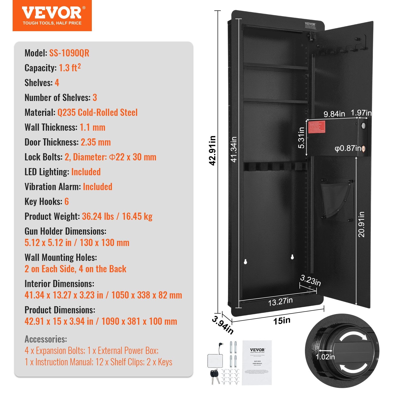 Sieninis ginklų seifas VEVOR SS-1090QR, 109 cm aukščio
