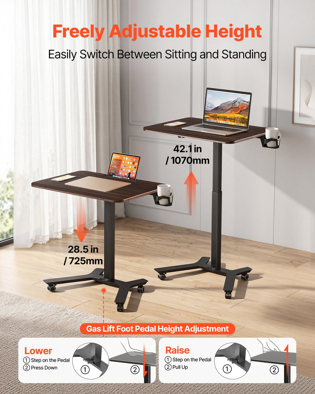 Reguliuojamo aukščio mobilus stalas VEVOR EC013-599006, 715 x 520 mm