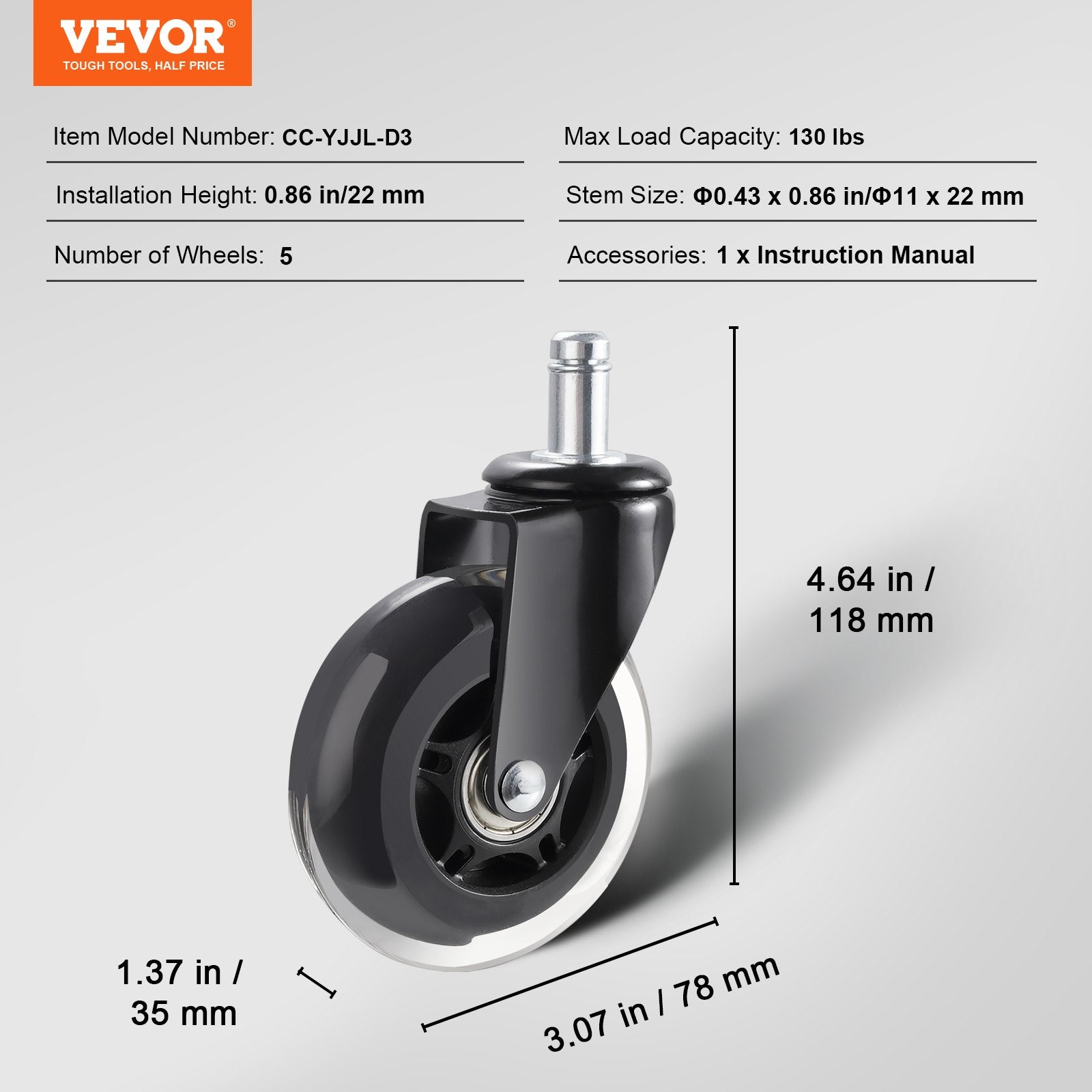 Biuro kėdės ratukai VEVOR CC-YJJL-D3, 76 mm skersmens