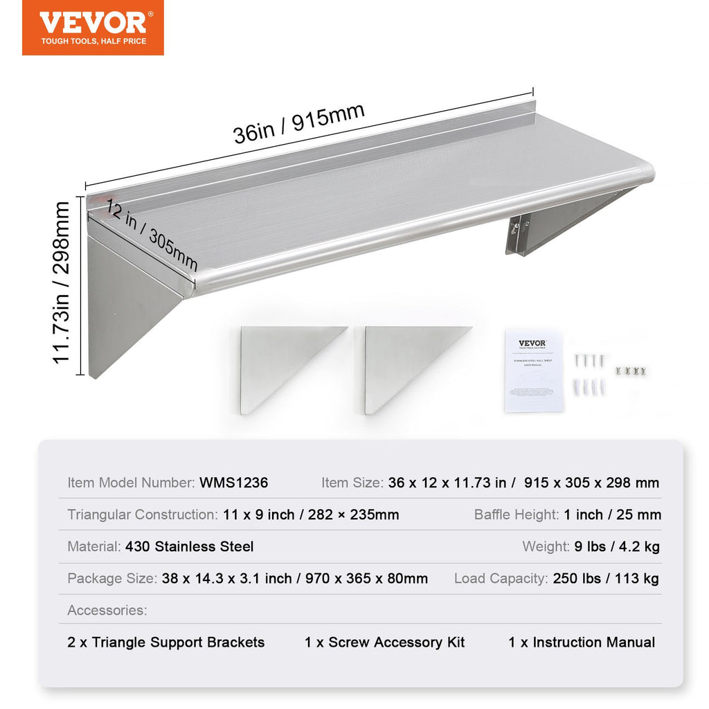 Nerūdijančio plieno lentyna VEVOR WMS1236, 113,4 kg apkrova