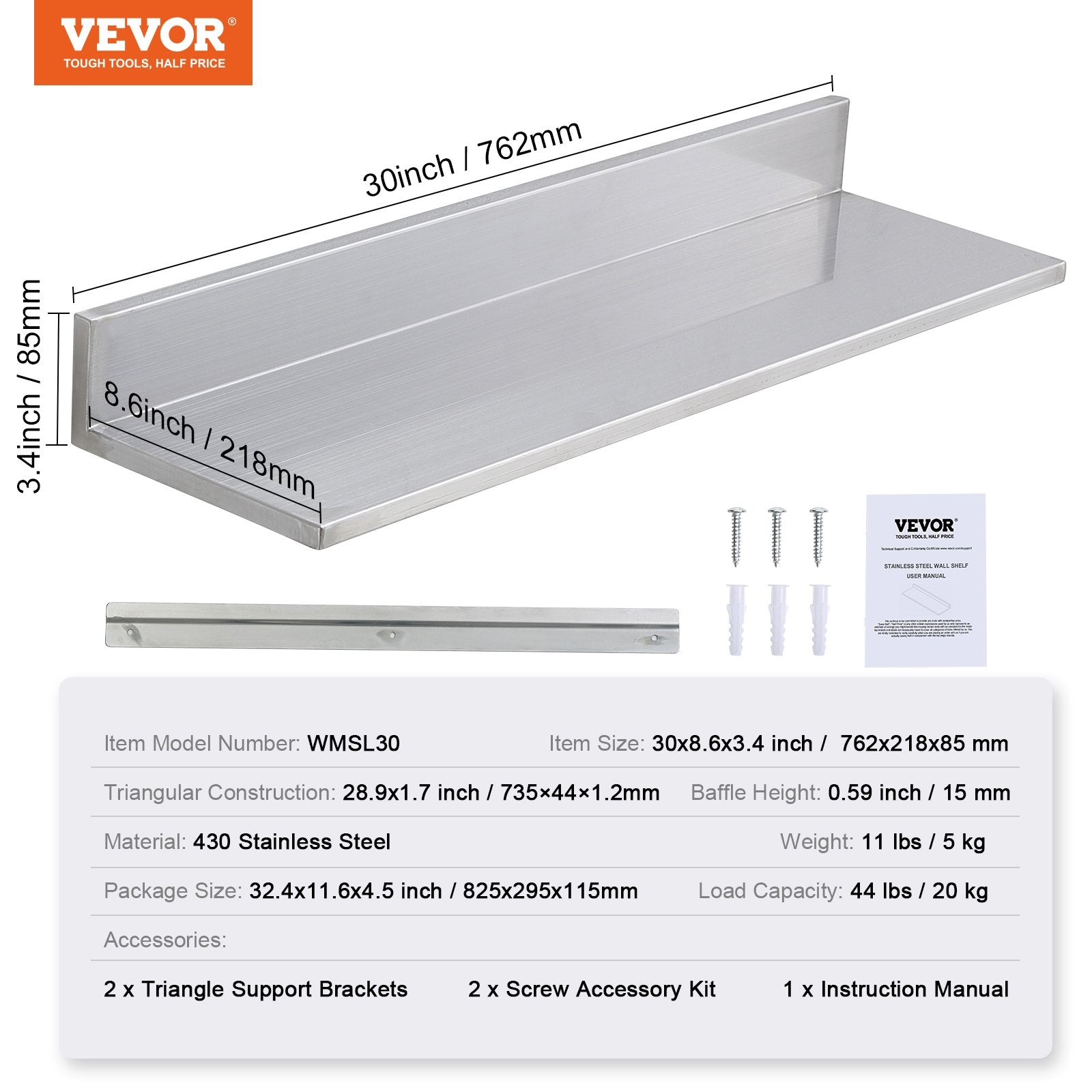 Nerūdijančio plieno lentyna VEVOR WMSL30, 76,2 cm ilgio
