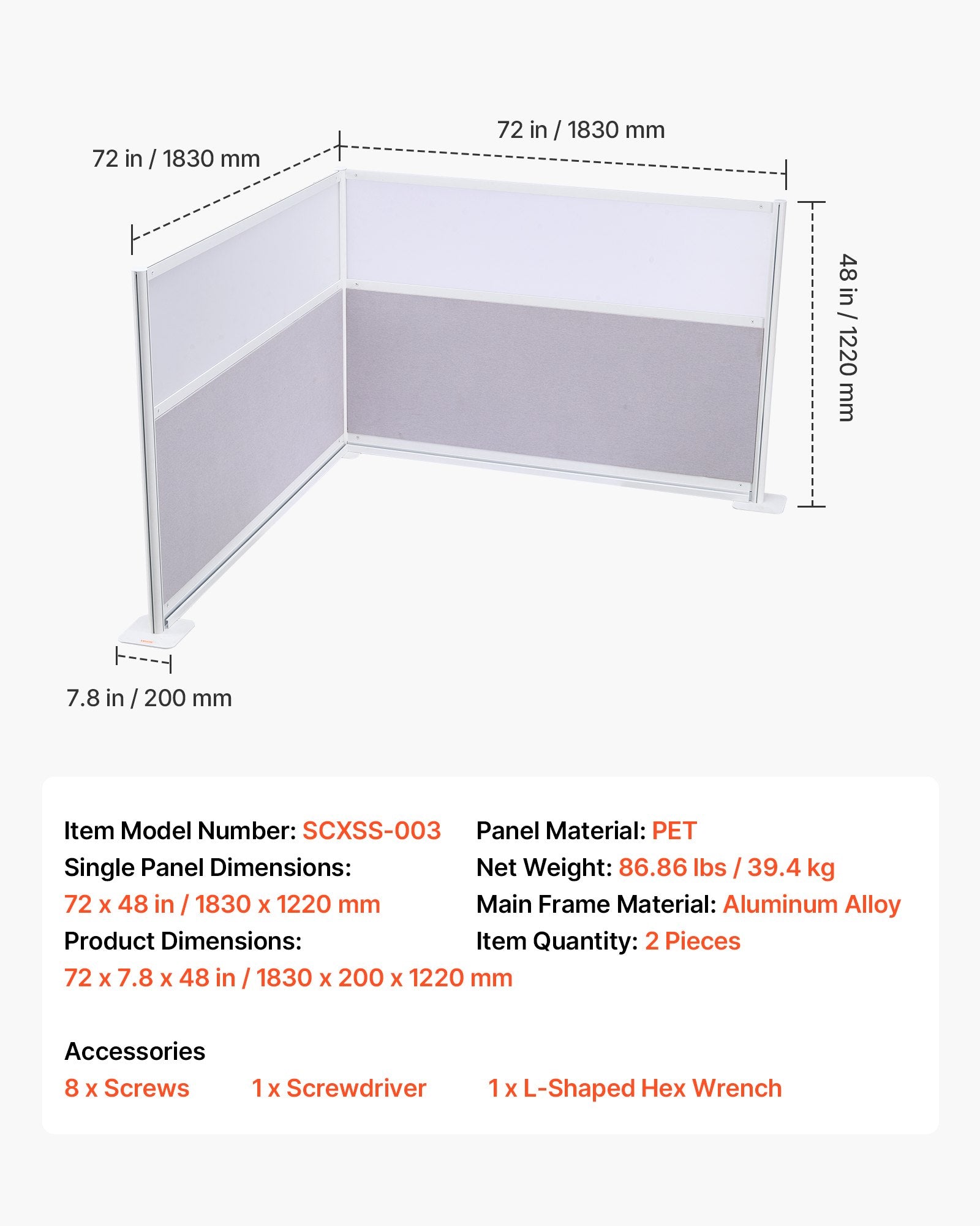 Biuro pertvaros VEVOR SCXSS-003, 1.83 x 1.22 m, 2 vnt.