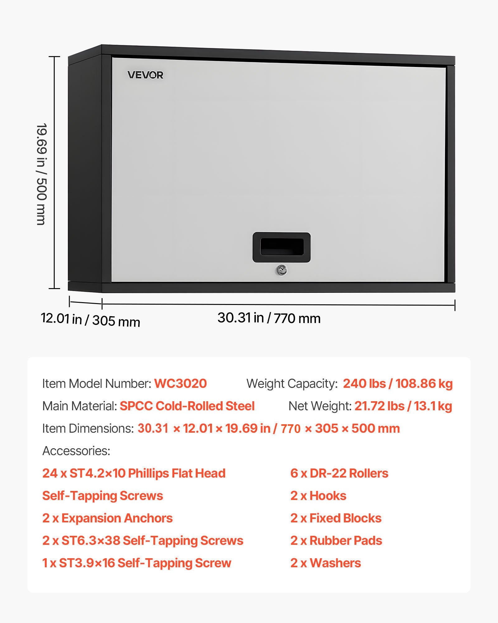 Metalinė sieninė spintelė VEVOR WC3020, 108,9 kg keliamoji galia
