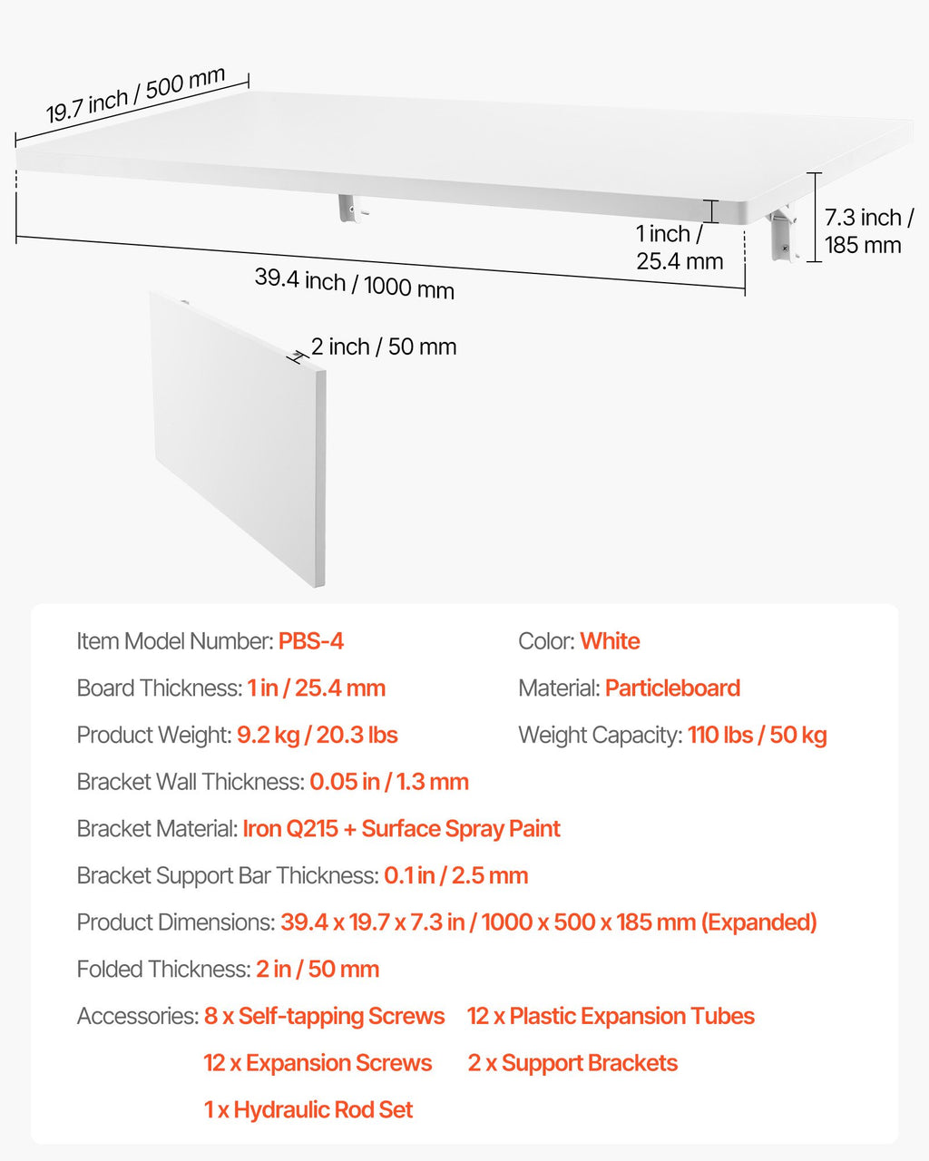 Sieninis atlenkiamas stalas VEVOR PBS-4, 100 x 50 cm