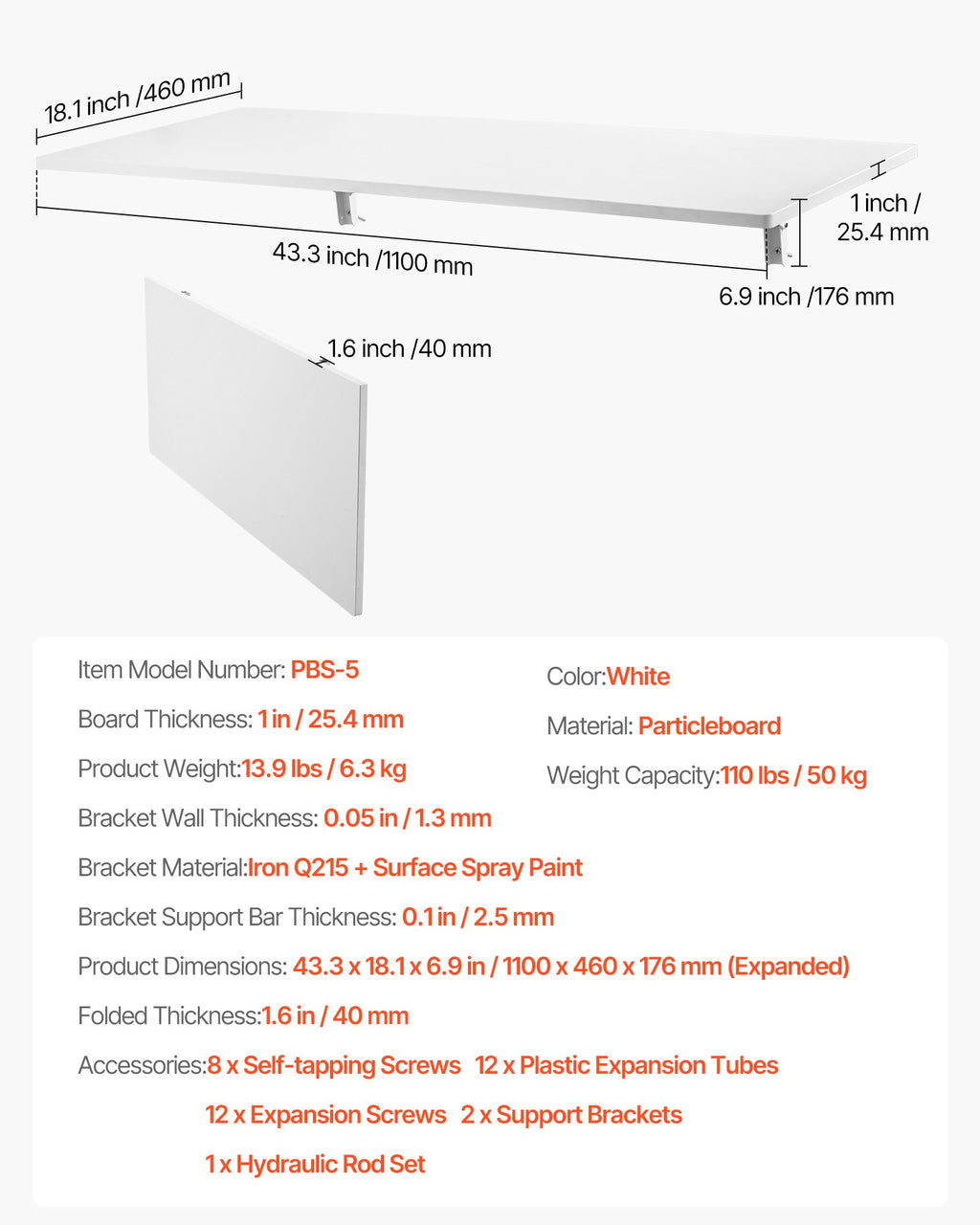 Sieninis atlenkiamas stalas VEVOR PBS-5, 110x46 cm