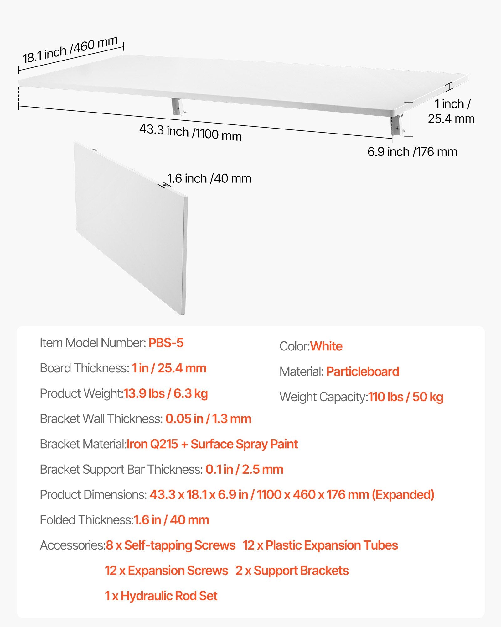 Sieninis atlenkiamas stalas VEVOR PBS-5, 110x46 cm