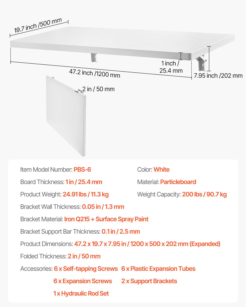 Sieninis atlenkiamas stalas VEVOR PBS-6, 120 x 50 cm