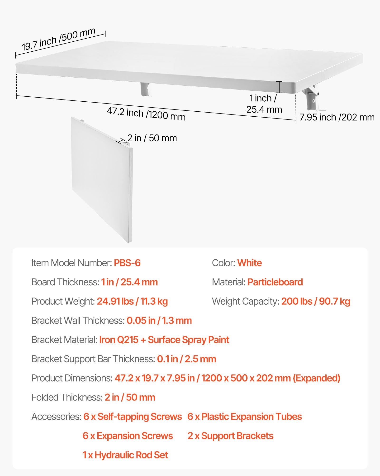 Sieninis atlenkiamas stalas VEVOR PBS-6, 120 x 50 cm
