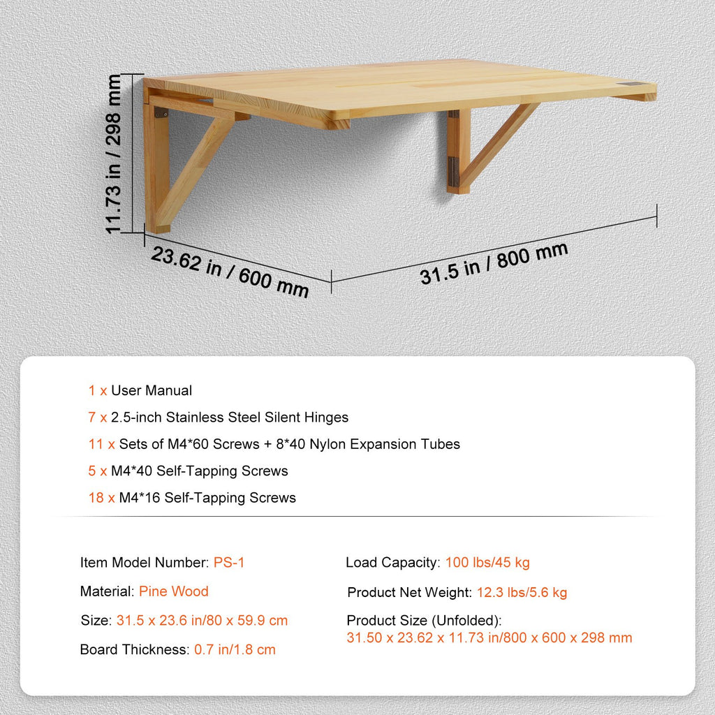 Sieninis atlenkiamas stalas VEVOR PS-1, 80x60 cm
