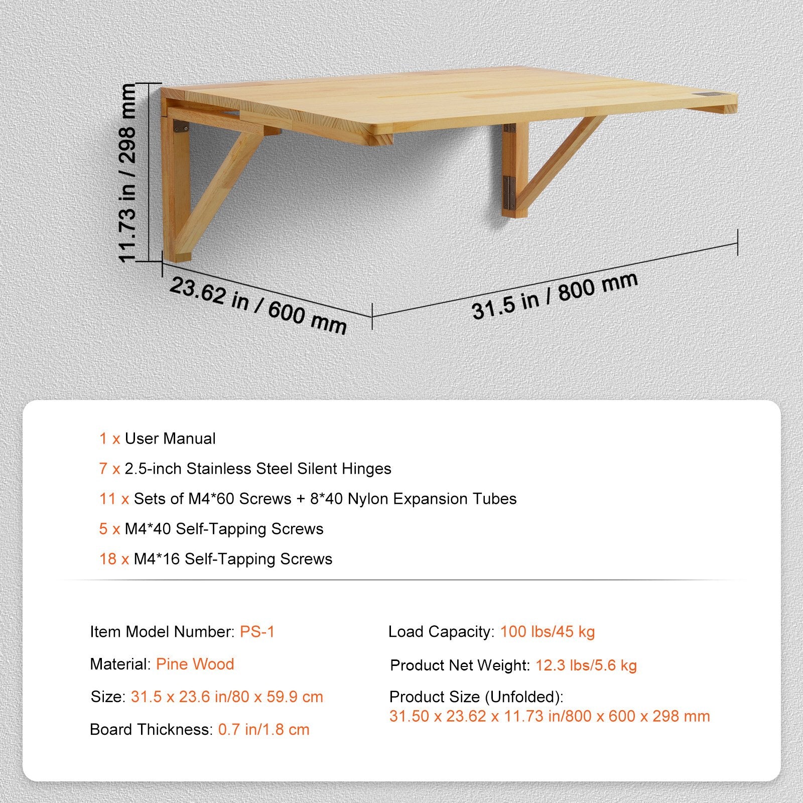 Sieninis atlenkiamas stalas VEVOR PS-1, 80x60 cm