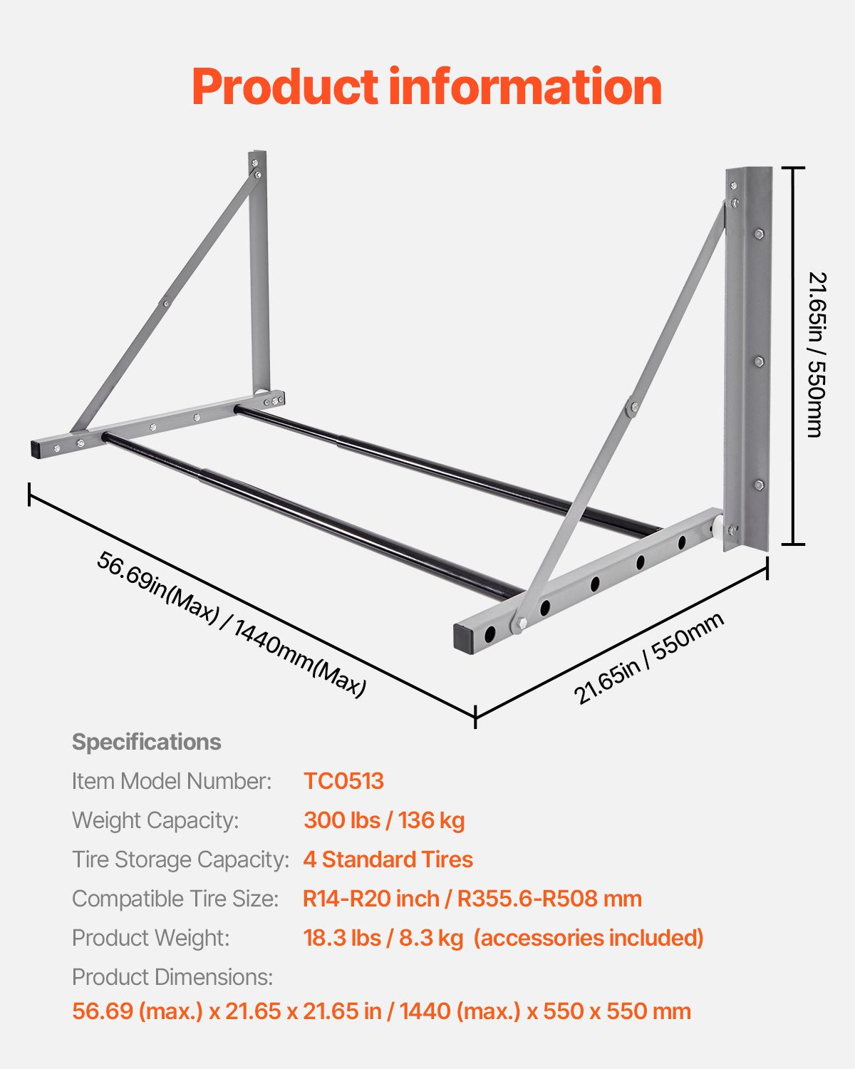 Sieninė padangų lentyna VEVOR TC0513, reguliuojamas ilgis 81–122 cm