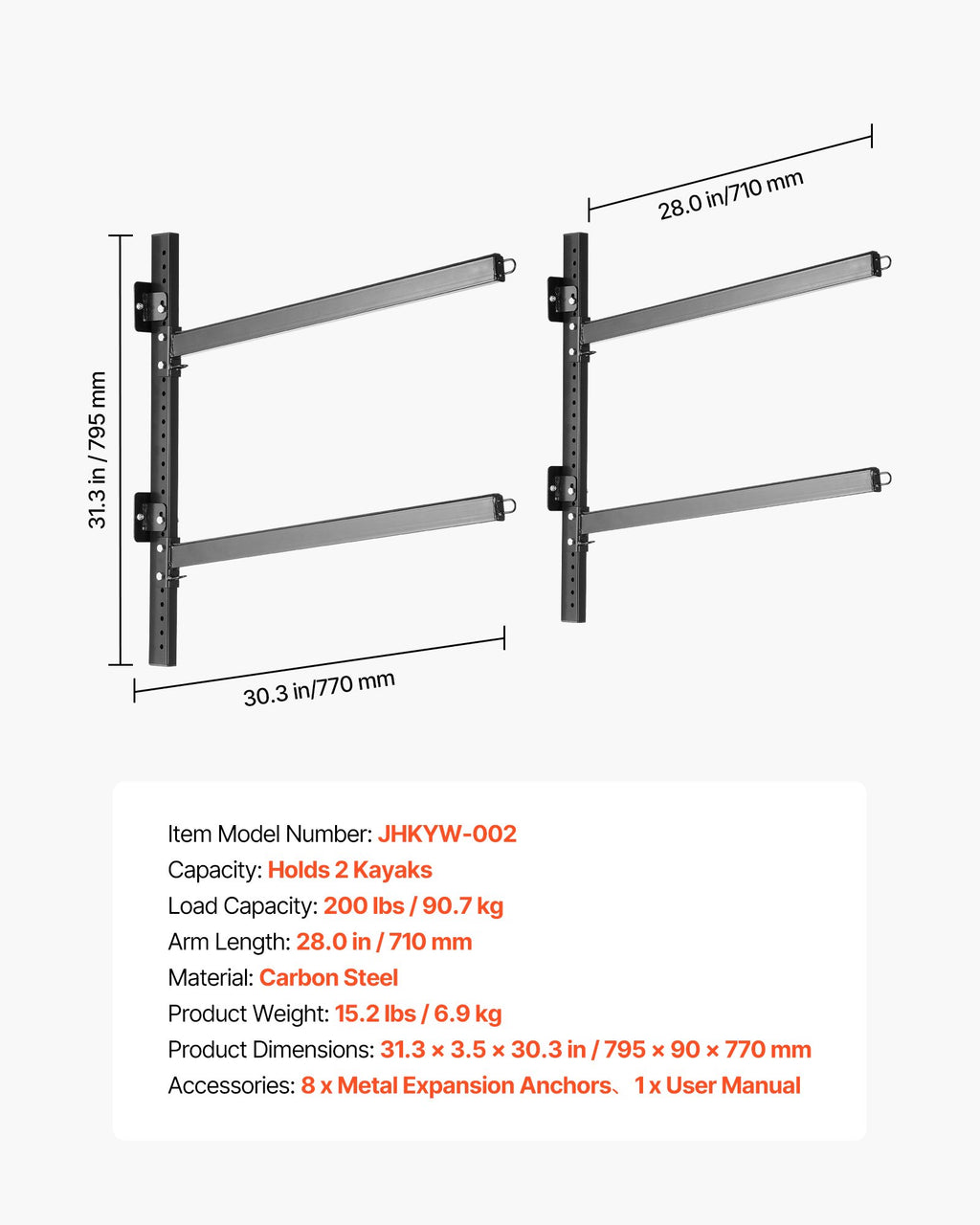 Baidarių laikiklis VEVOR JHKYW-002, 90,7 kg keliamoji galia