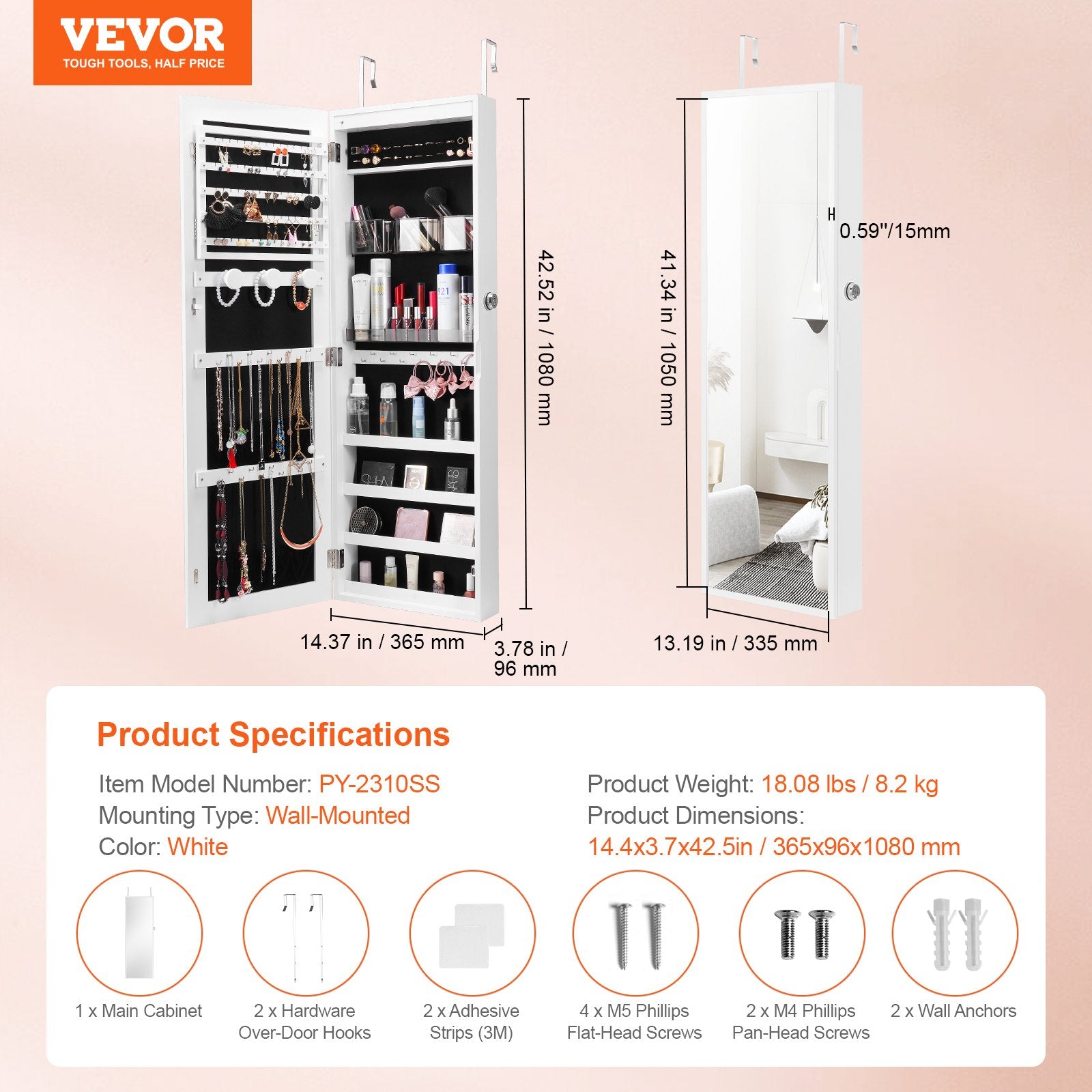 Papuošalų spintelė su veidrodžiu VEVOR PY-2310SS, 108 cm aukščio