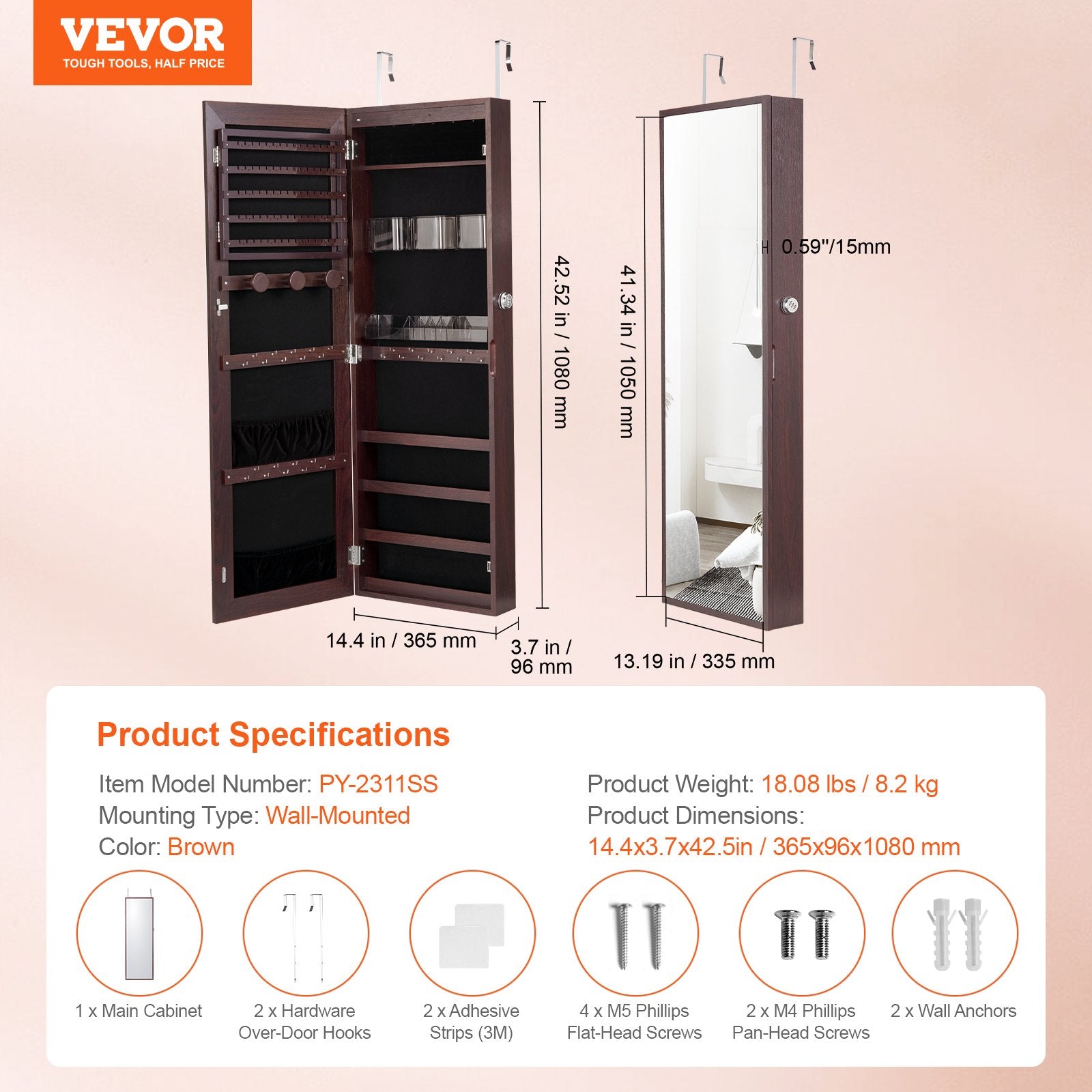 Papuošalų spintelė su veidrodžiu VEVOR PY-2311SS, 108 cm aukščio