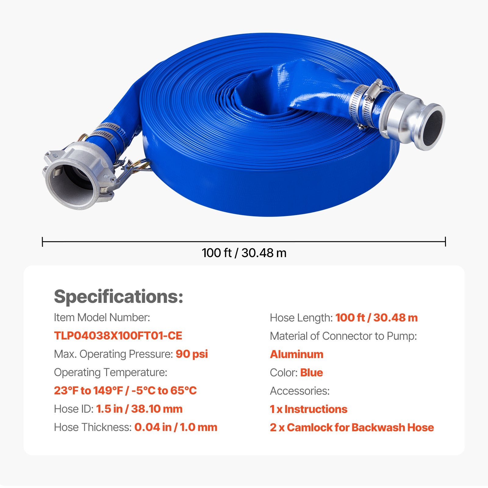 Išleidimo žarna VEVOR TLP04038X100FT01-CE, 38 mm x 30,5 m
