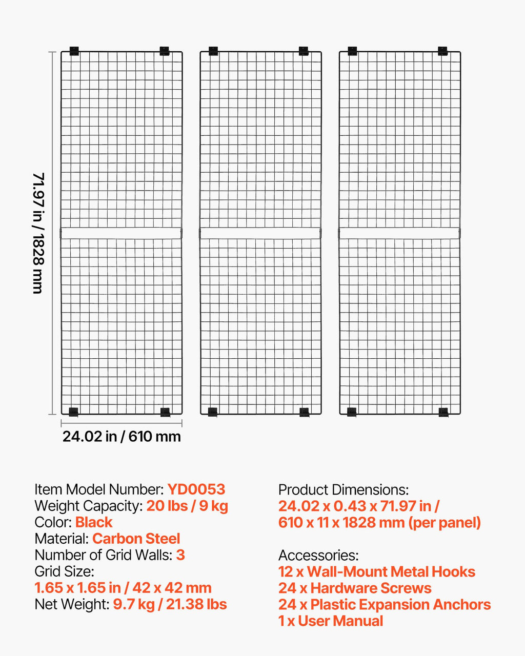 Sieninės tinklinės plokštės VEVOR YD0053, 610 x 1828 mm, 3 vnt.