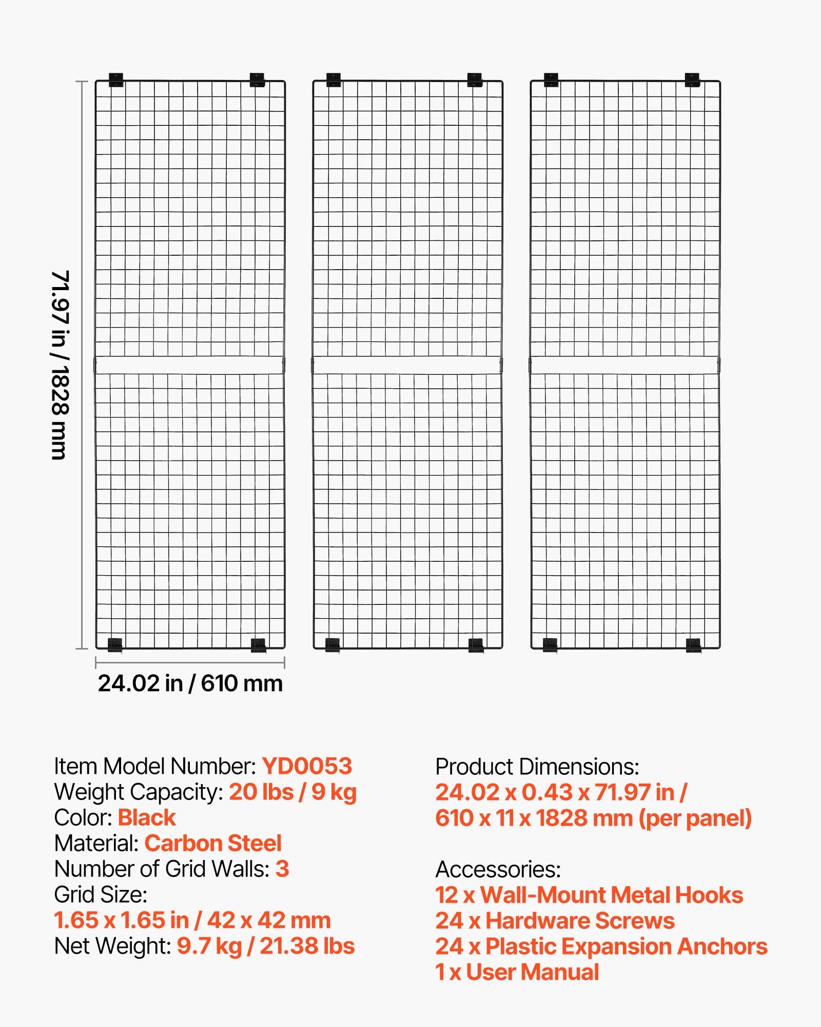 Sieninės tinklinės plokštės VEVOR YD0053, 610 x 1828 mm, 3 vnt.