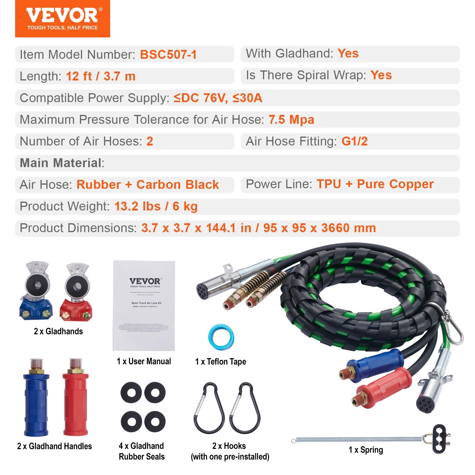 Sunkvežimių oro ir elektros jungčių rinkinys VEVOR BSC507-1, 3,7 m