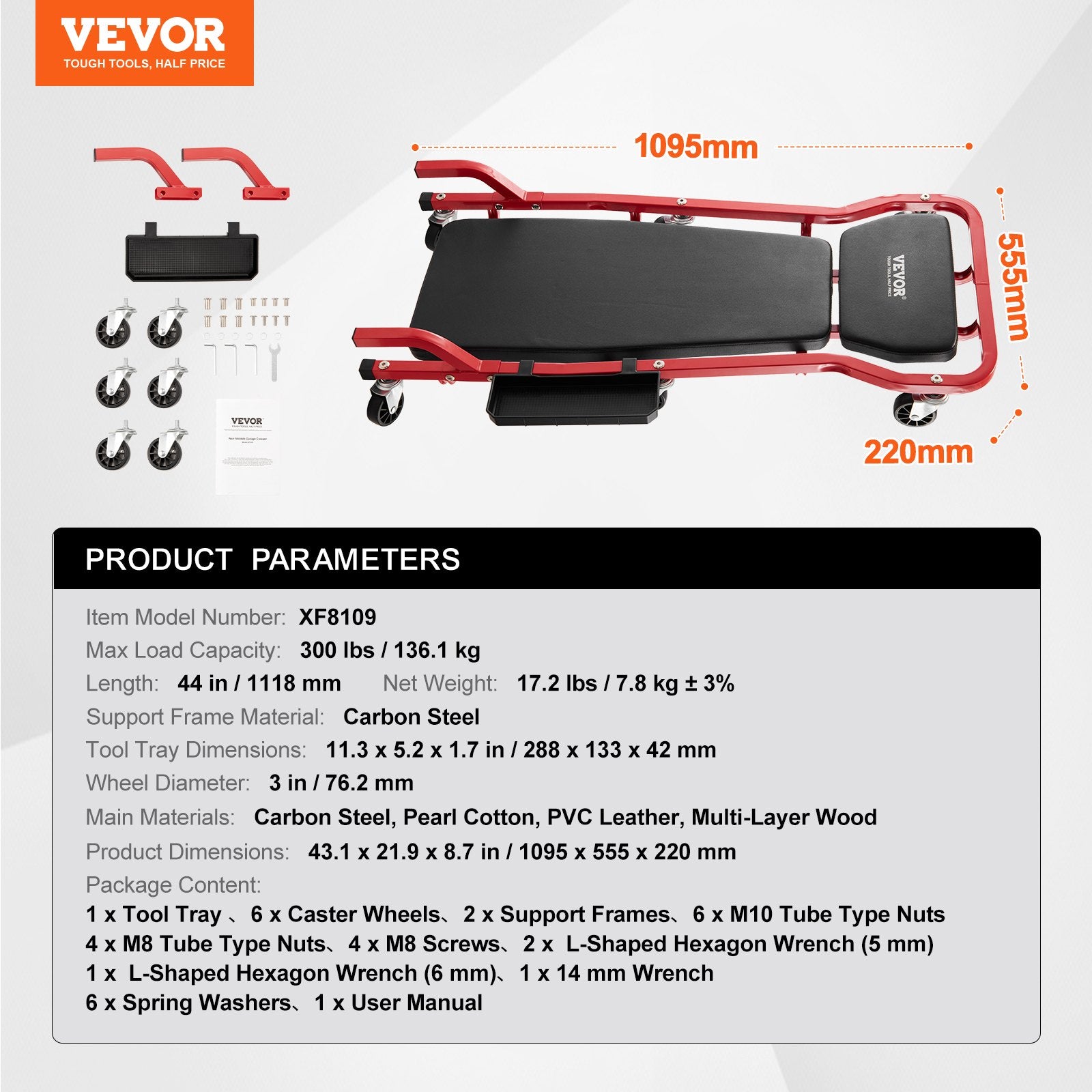 Mechaniko gultas VEVOR XF8109, 136,1 kg keliamoji galia