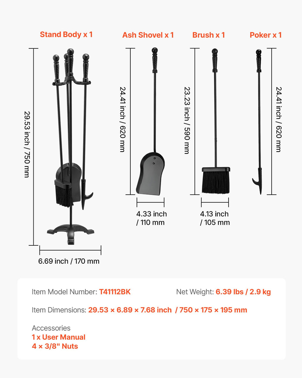Židinio įrankių rinkinys VEVOR T41112BK, 4 dalių