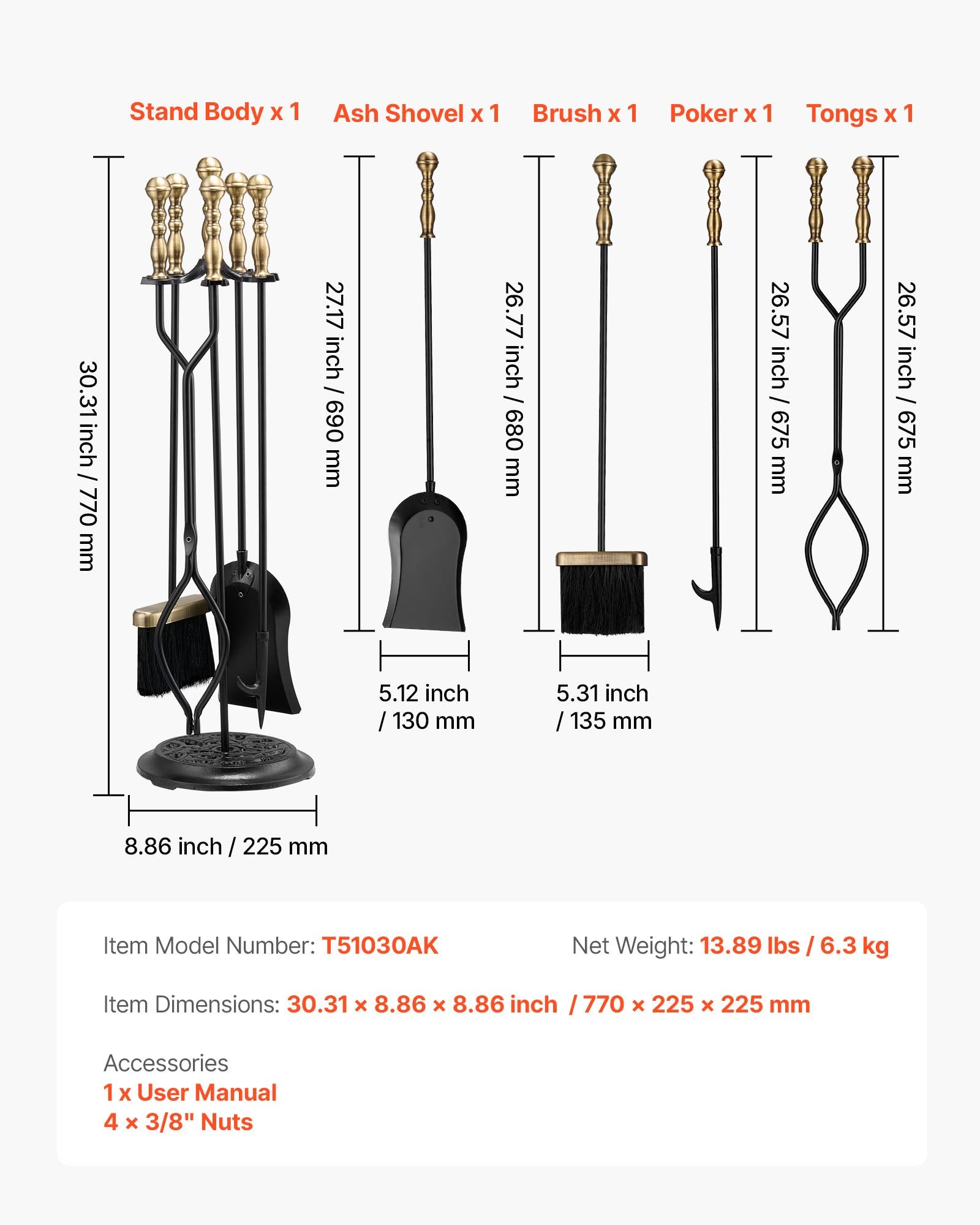 Židinio įrankių rinkinis VEVOR T51030AK, 5 dalių