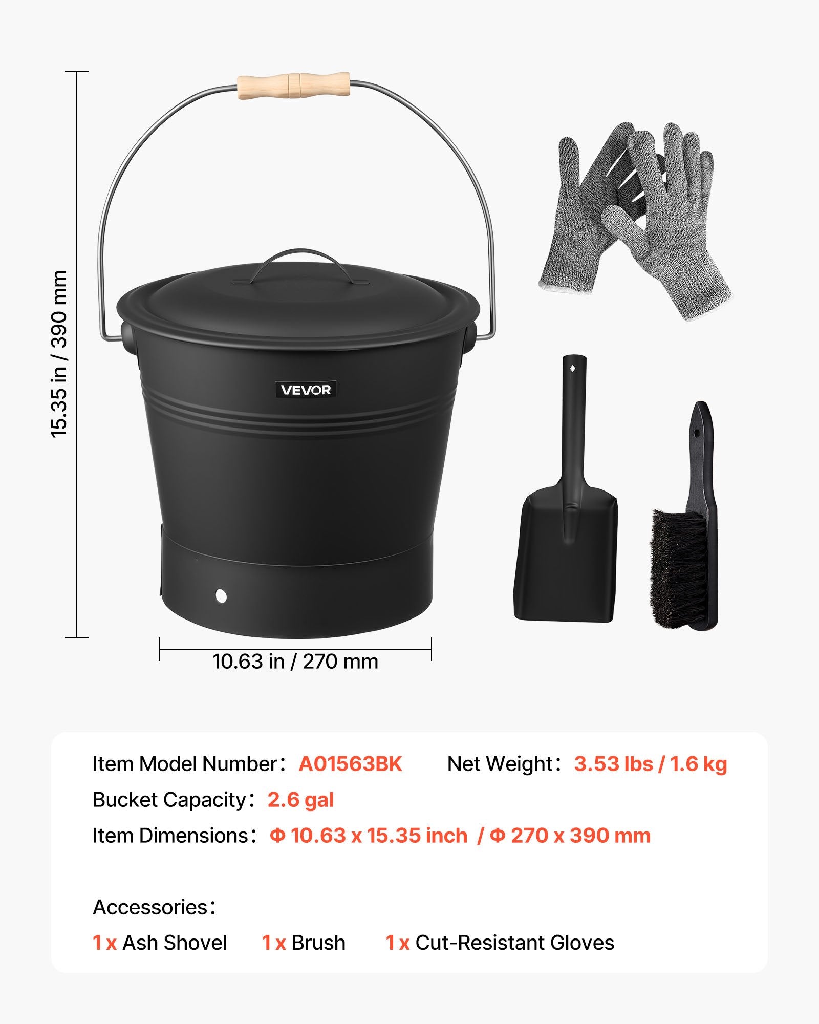Pelenų kibiras VEVOR A01563BK, 9,8 l talpa