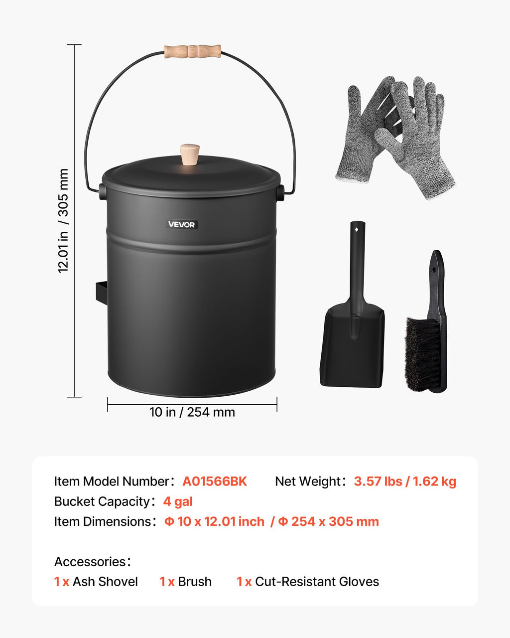 Pelenų kibiras VEVOR A01566BK, 15 l talpos