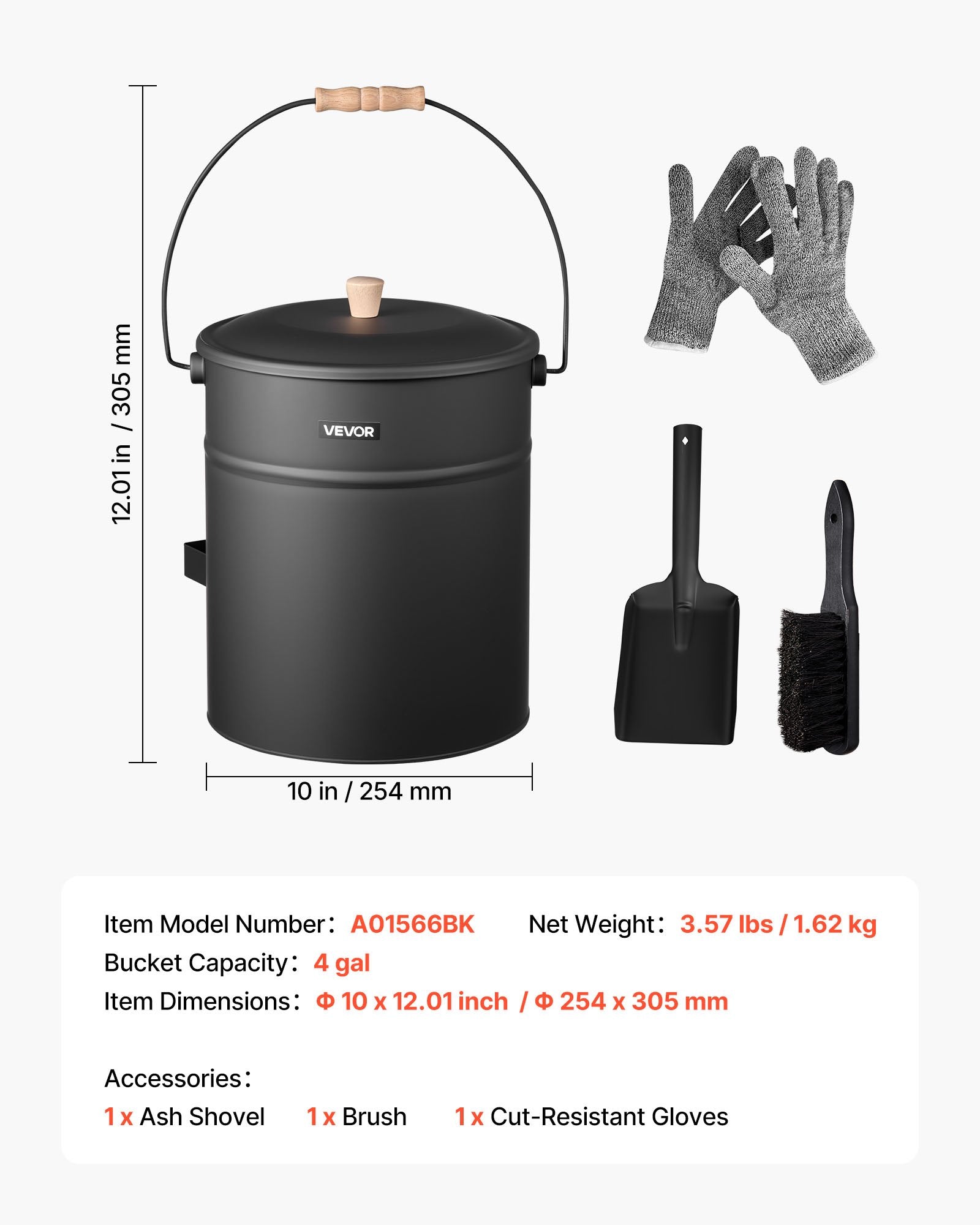 Pelenų kibiras VEVOR A01566BK, 15 l talpos