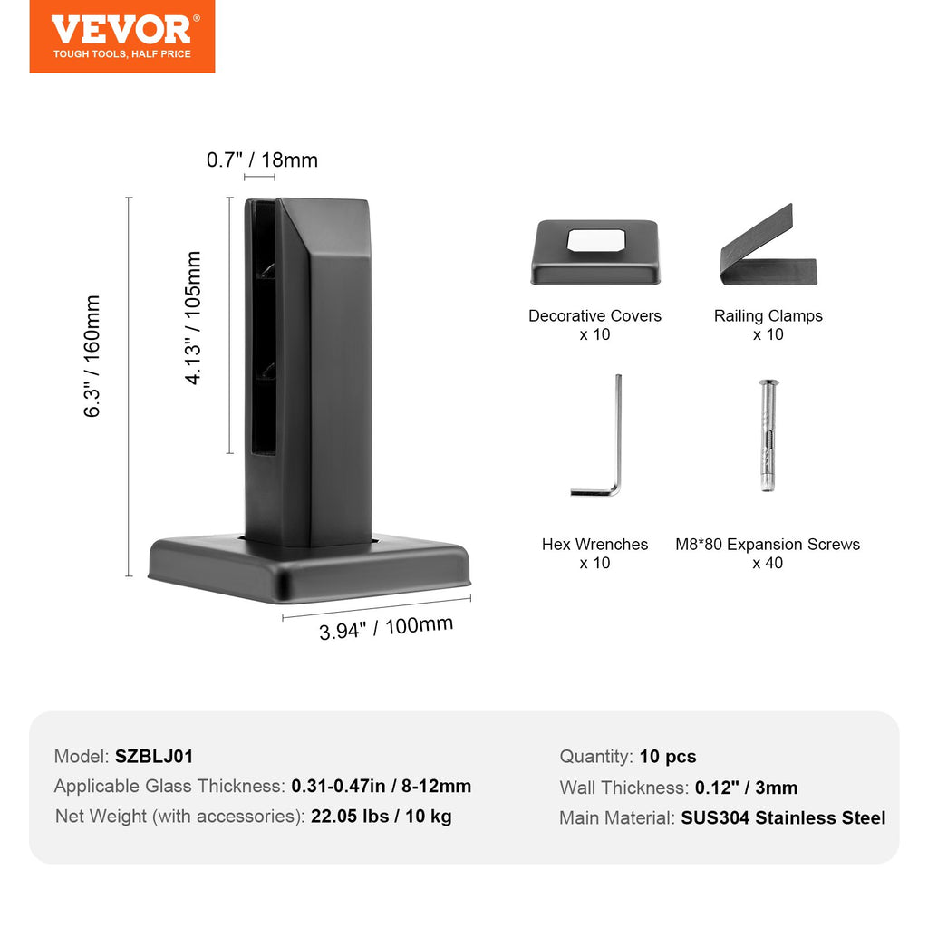 Stiklo laikikliai VEVOR SZBLJ01, 10 vnt., 8–12 mm stiklui