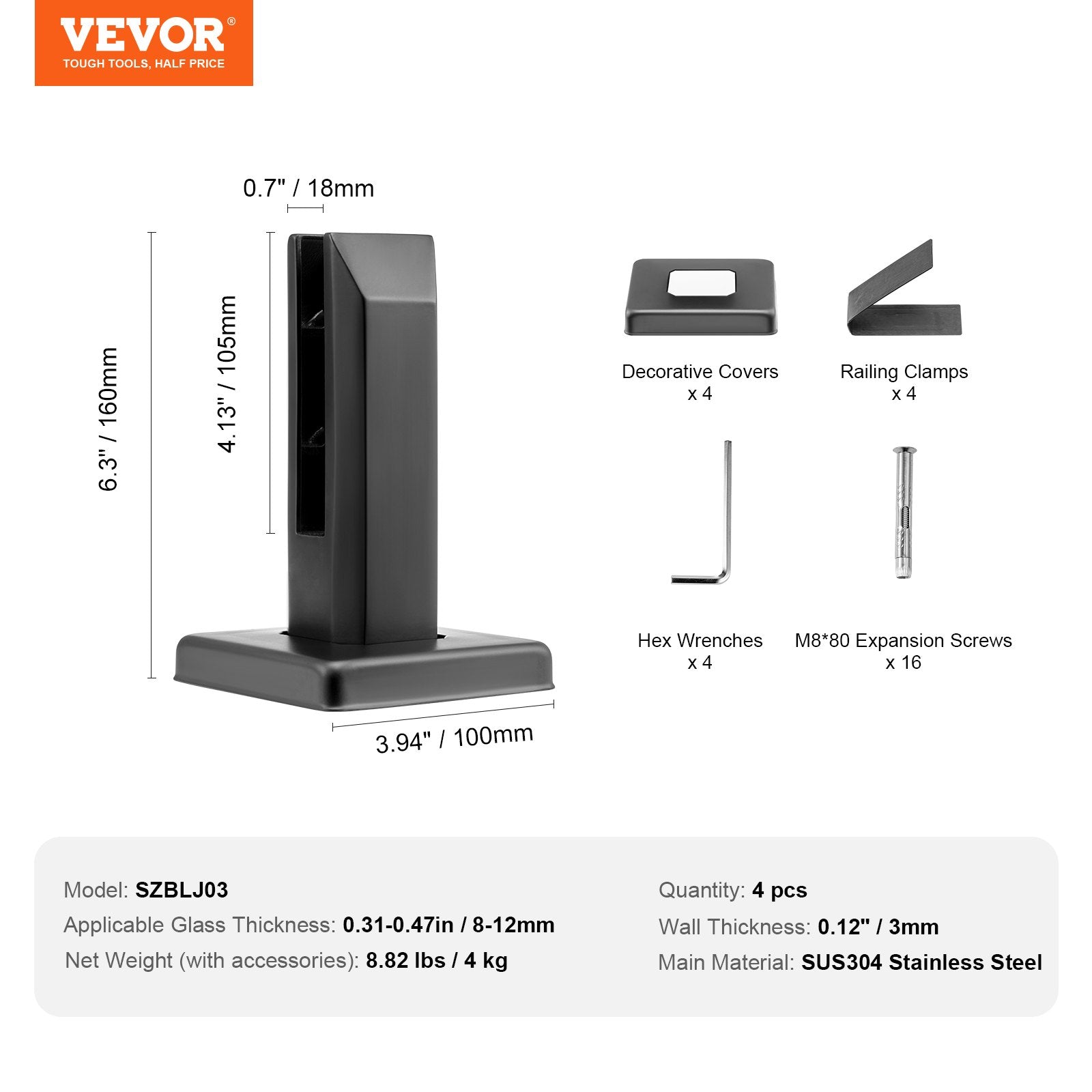 Stiklo laikiklis VEVOR SZBLJ03, 8-12 mm stiklui