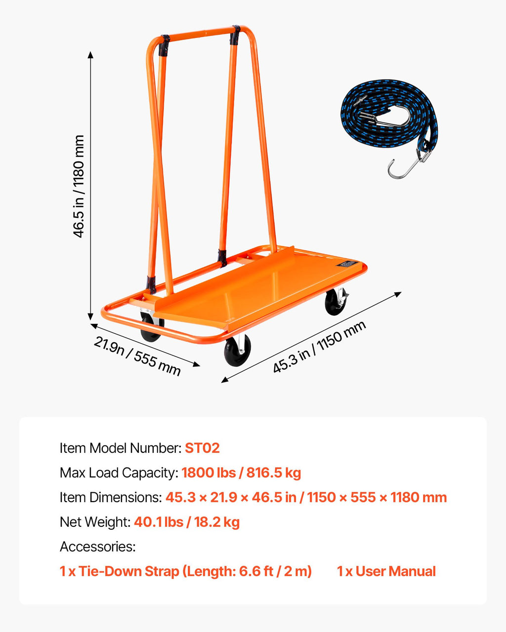 Gipso kartono plokščių vežimėlis VEVOR ST02, 816 kg keliamoji galia