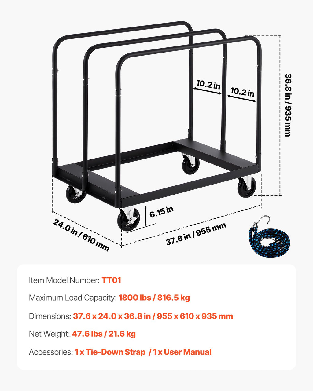 Gipso kartono plokščių vežimėlis VEVOR TT01, 816 kg keliamoji galia
