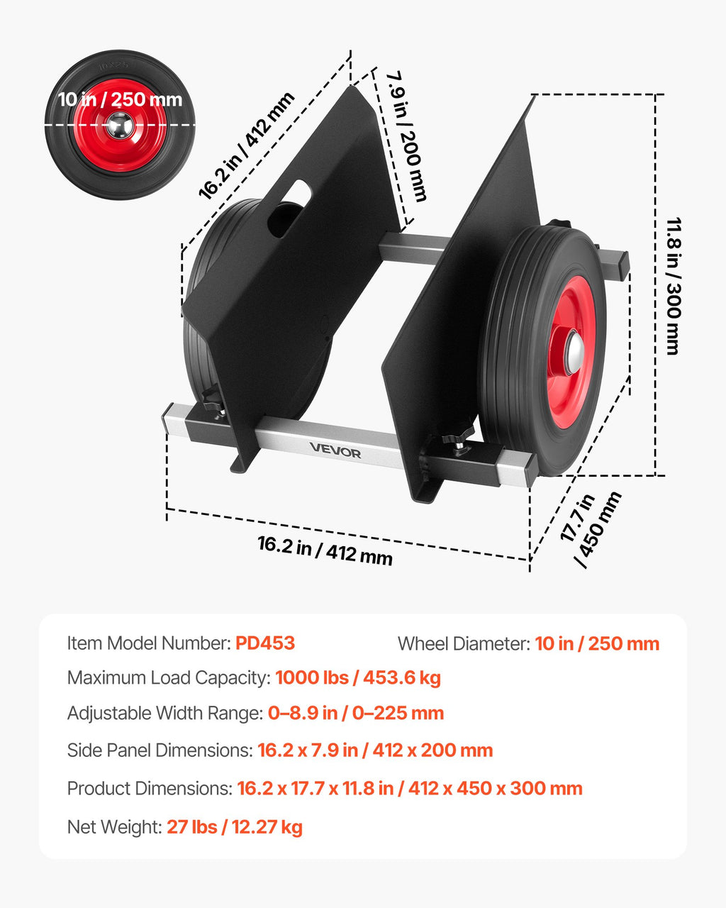 Plokščių transportavimo vežimėlis VEVOR PD453, 453,6 kg keliamoji galia