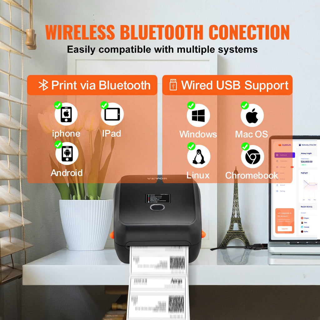 Terminis lipdukų spausdintuvas VEVOR 300DPI, Bluetooth