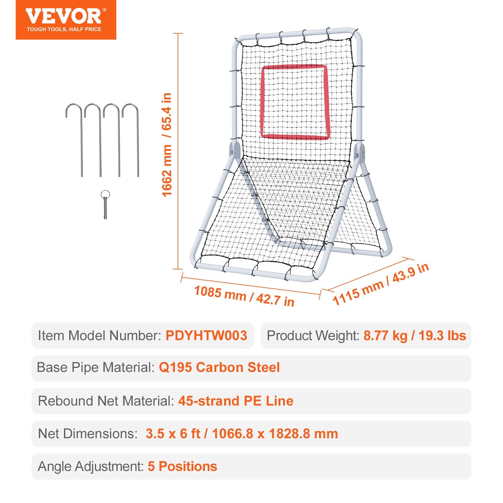 Beisbolo ir softbolo atšokimo tinklas VEVOR PDYHTW003, 107 x 183 cm