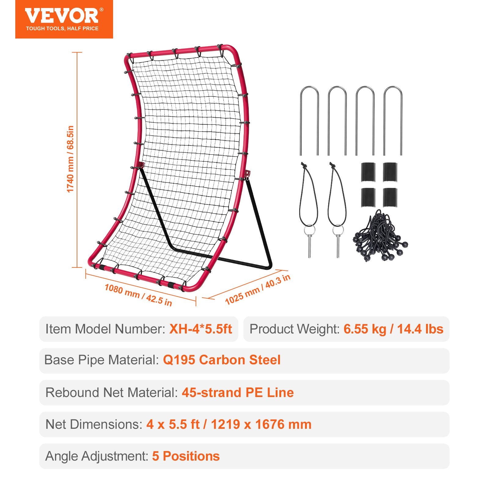 Beisbolo ir softbolo atšokimo tinklas VEVOR XH-4*5.5ft, 122 x 168 cm
