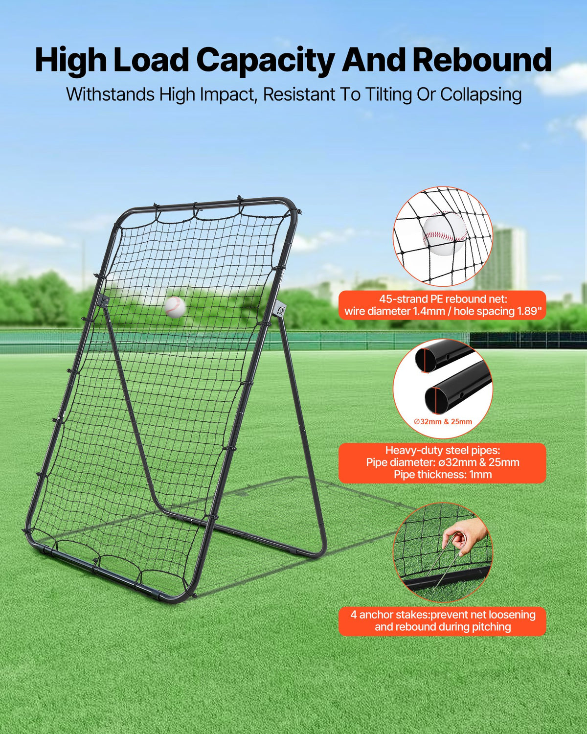Beisbolo ir softbolo atšokimo tinklas VEVOR DKS-46B, 1210 x 1730 mm.