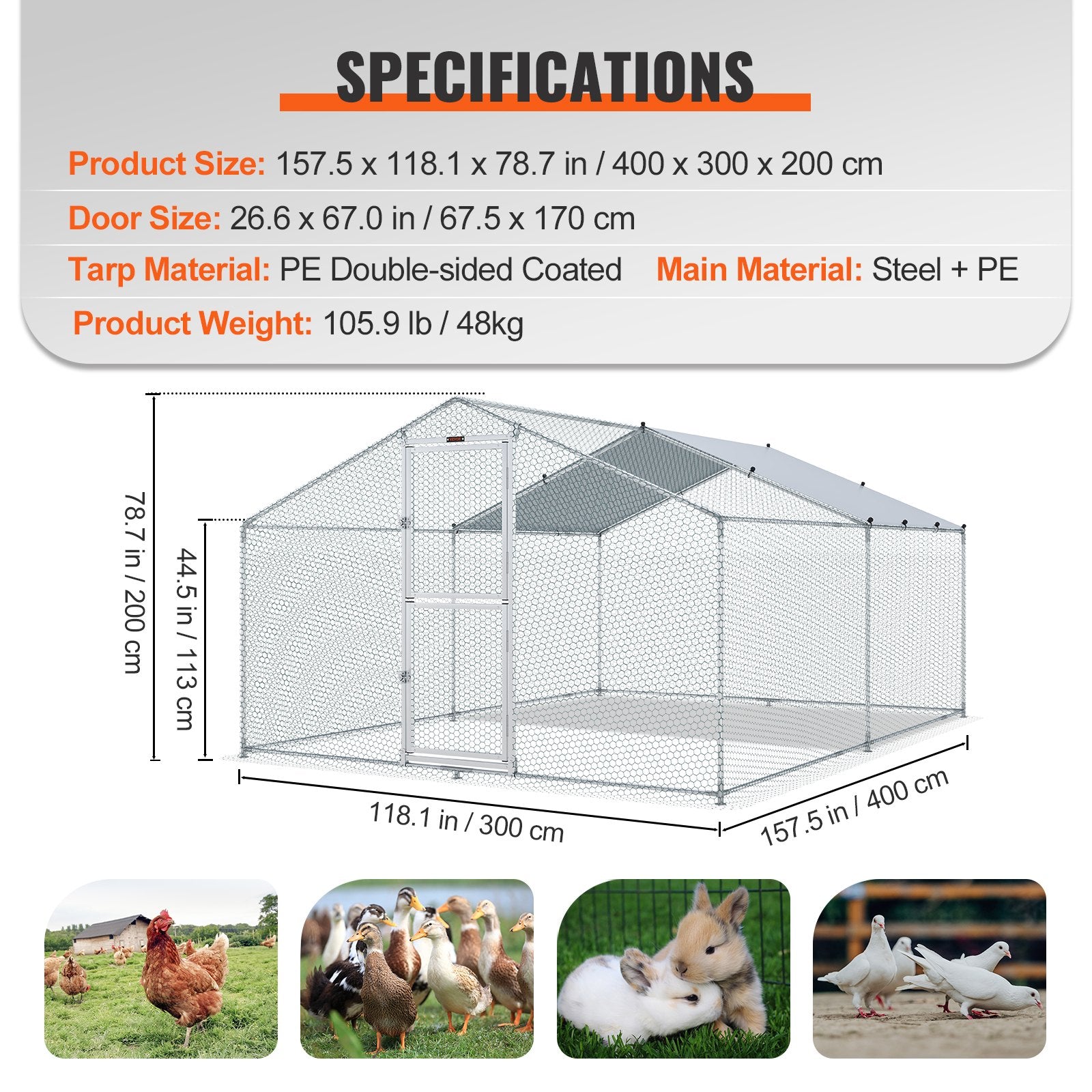 Metalinis vištidės aptvaras VEVOR, 4 x 3 x 2 m