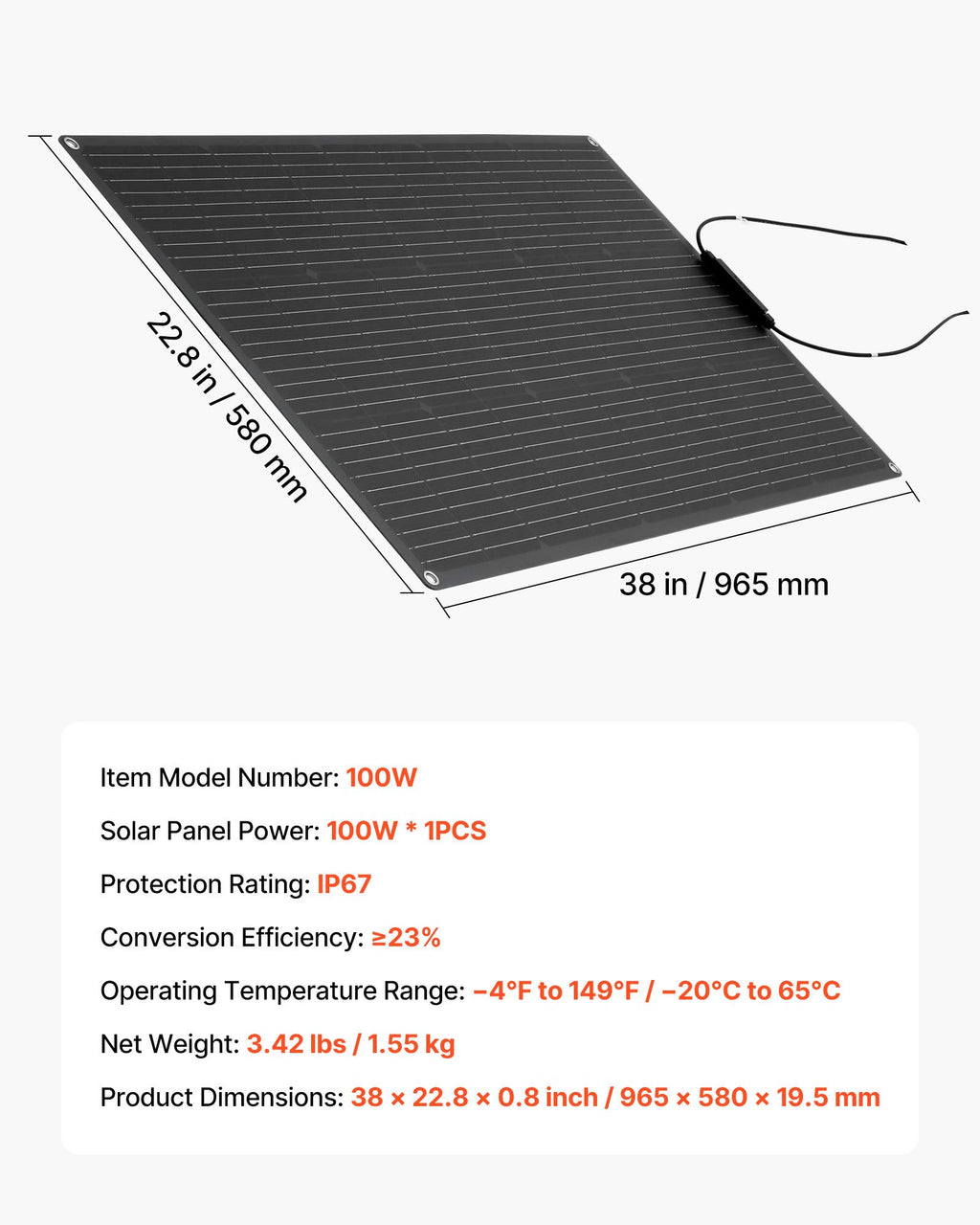Lanksti saulės baterija VEVOR 100W, 23 % efektyvumas