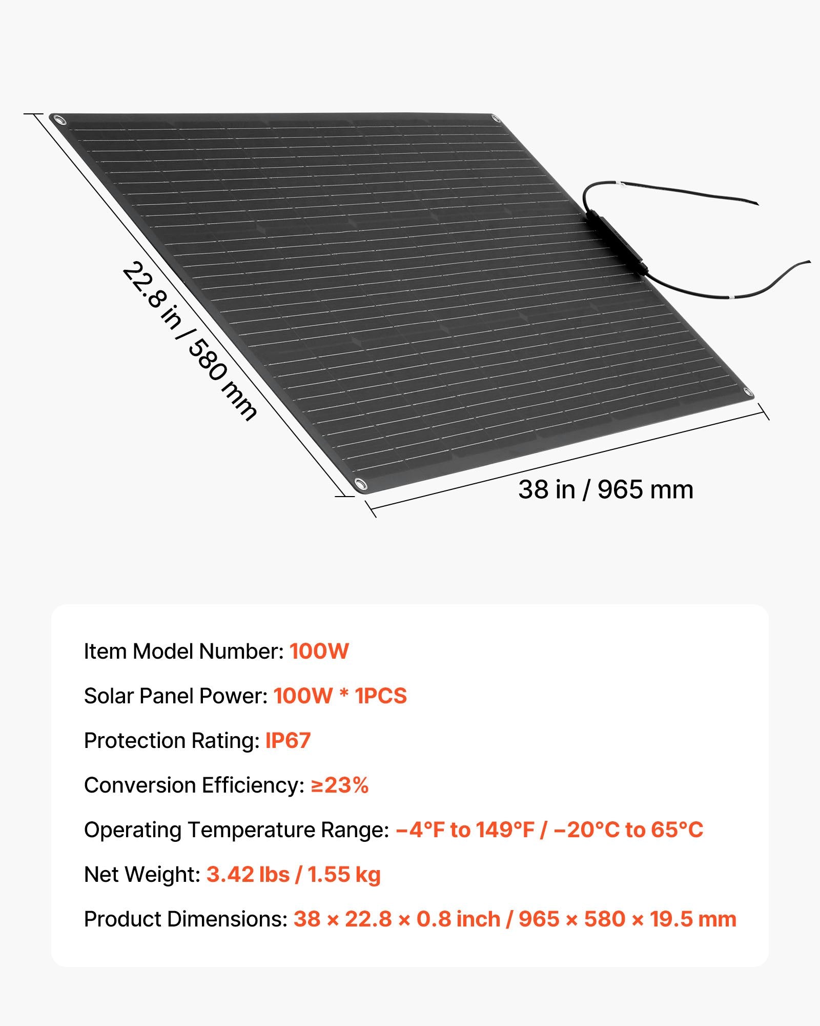 Lanksti saulės baterija VEVOR 100W, 23 % efektyvumas