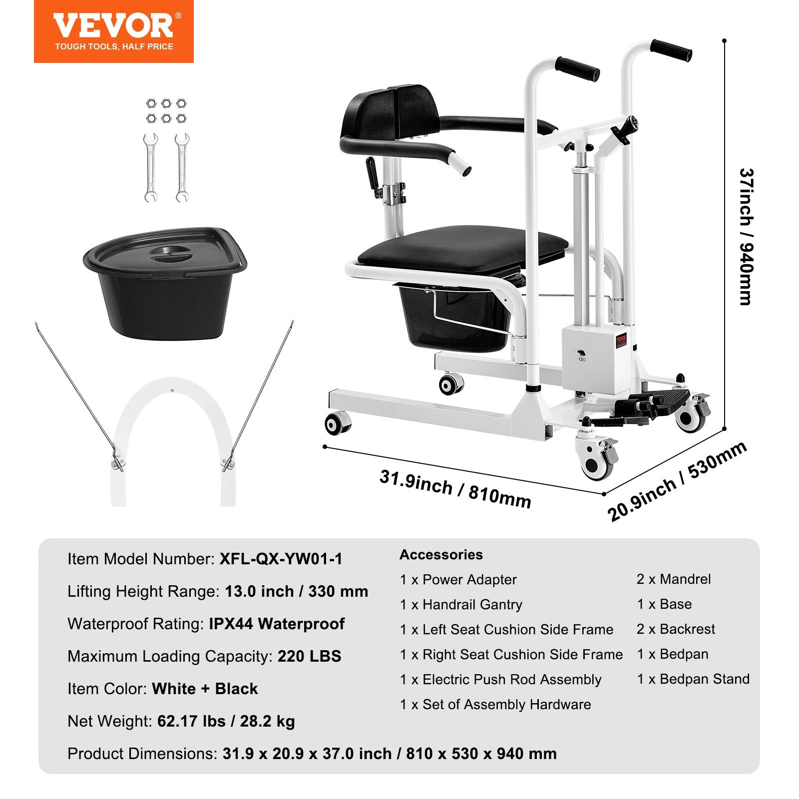 Elektrinis neįgaliųjų kėlimo ir transportavimo vežimėlis VEVOR XFL-QX-YW01-1, 100 kg keliamoji galia