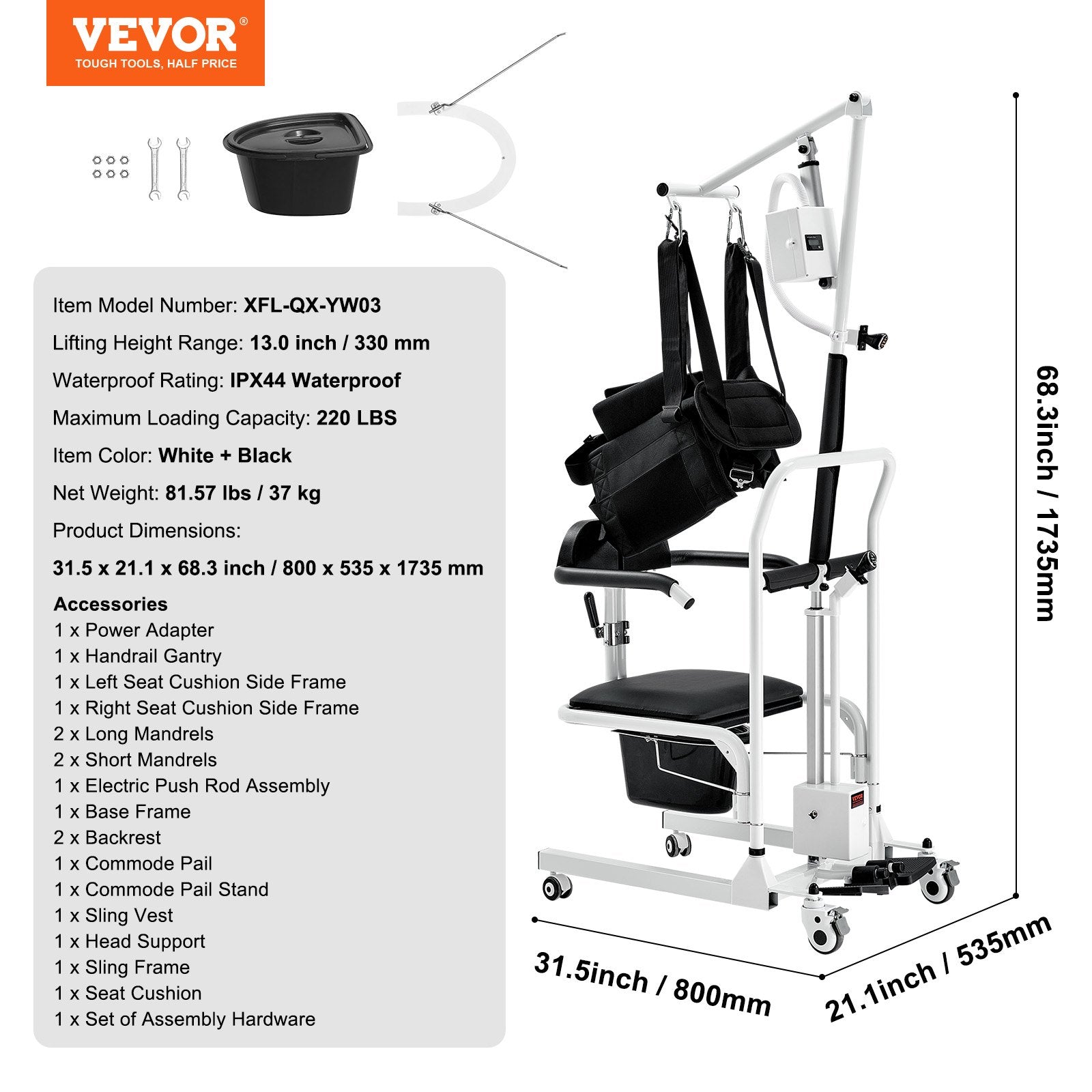 Elektrinis neįgaliųjų kėlimo vežimėlis VEVOR XFL-QX-YW03, 100 kg keliamoji galia