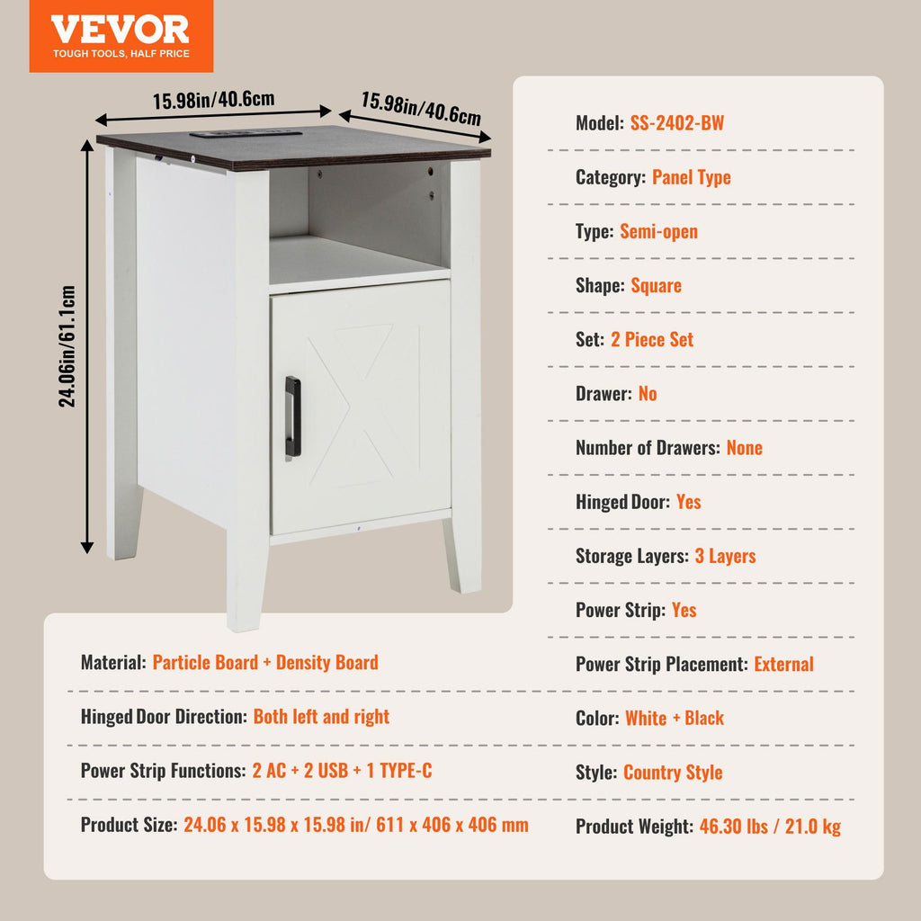 Šoniniai staliukai VEVOR SS-2402-BW, 2 vnt. komplektas su USB jungtimis