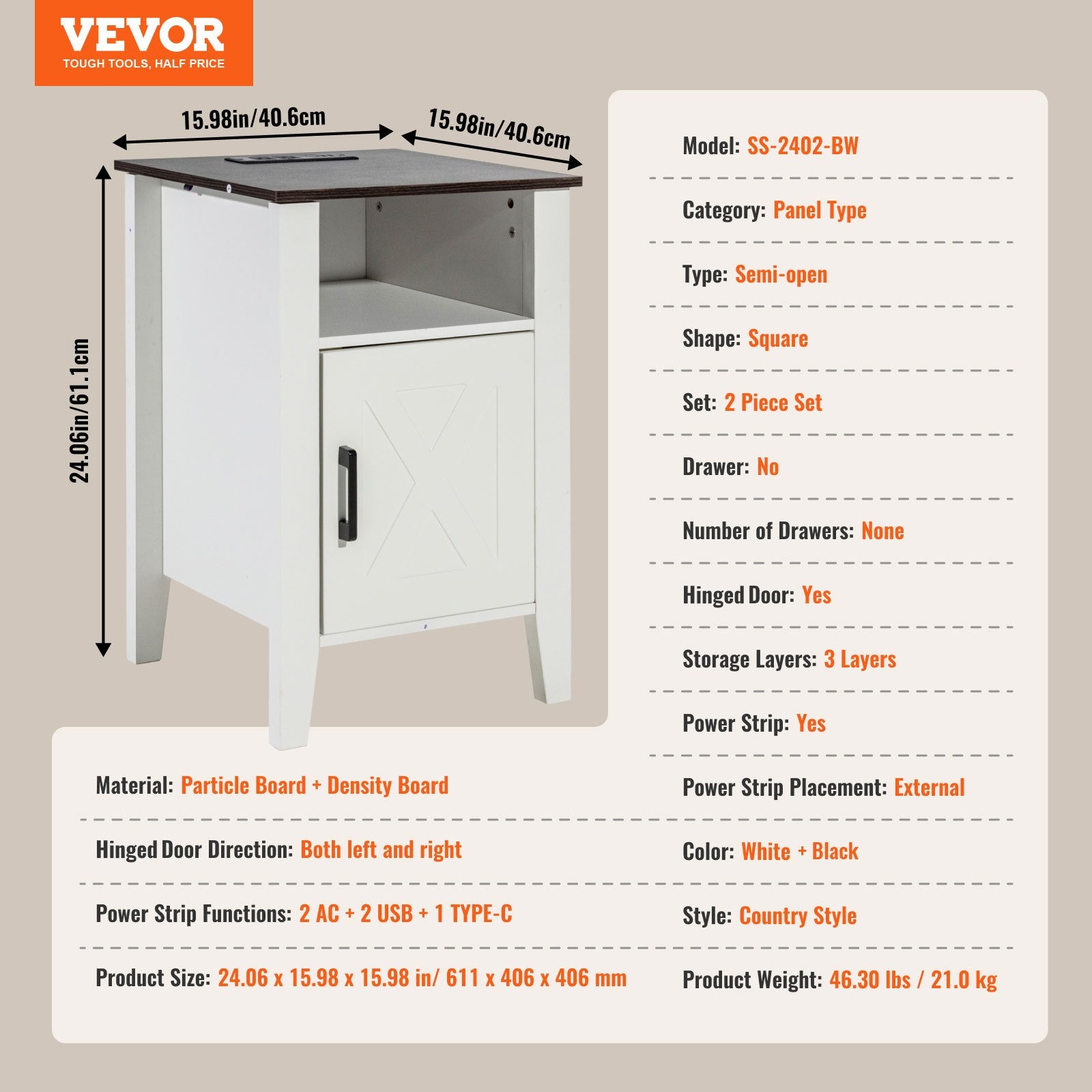 Šoniniai staliukai VEVOR SS-2402-BW, 2 vnt. komplektas su USB jungtimis
