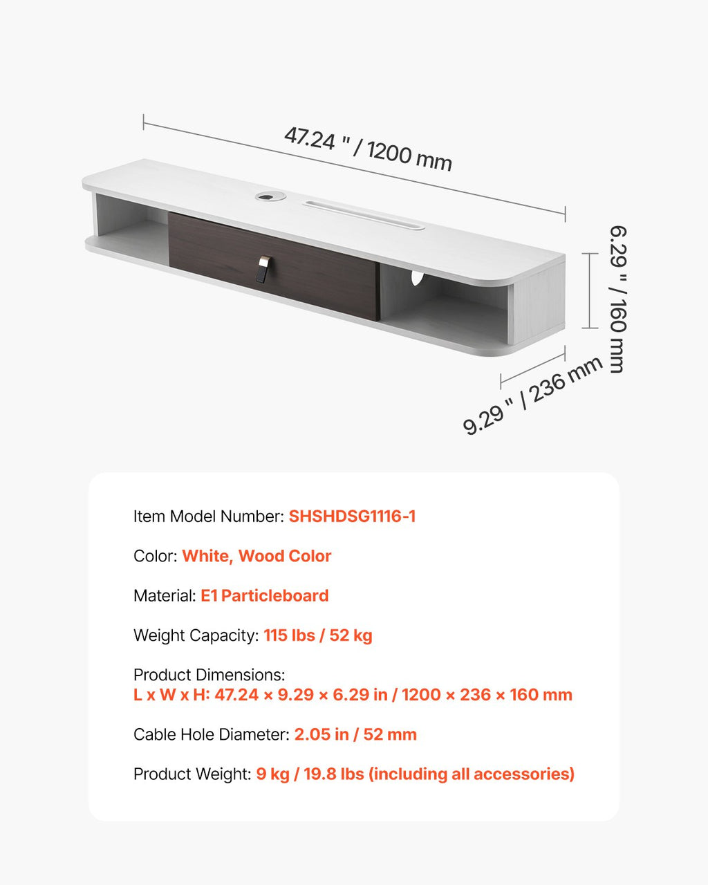Pakabinama TV spintelė VEVOR SHSHDSG1116-1, 120 cm