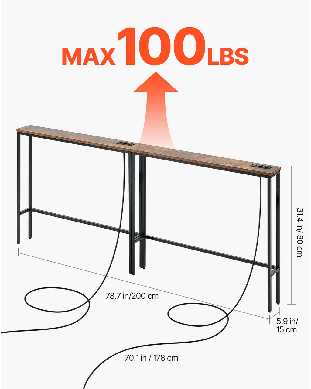 Siaura konsolinė sofa-stalas VEVOR YJXXGZ-002, 2 dalių rinkinys su elektros lizdais