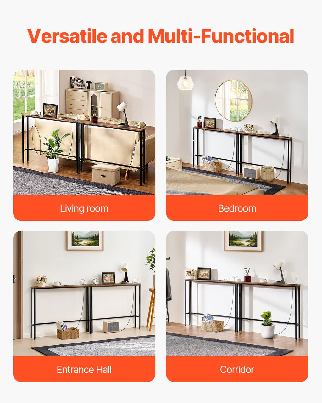 Siaura konsolinė sofa-stalas VEVOR YJXXGZ-002, 2 dalių rinkinys su elektros lizdais